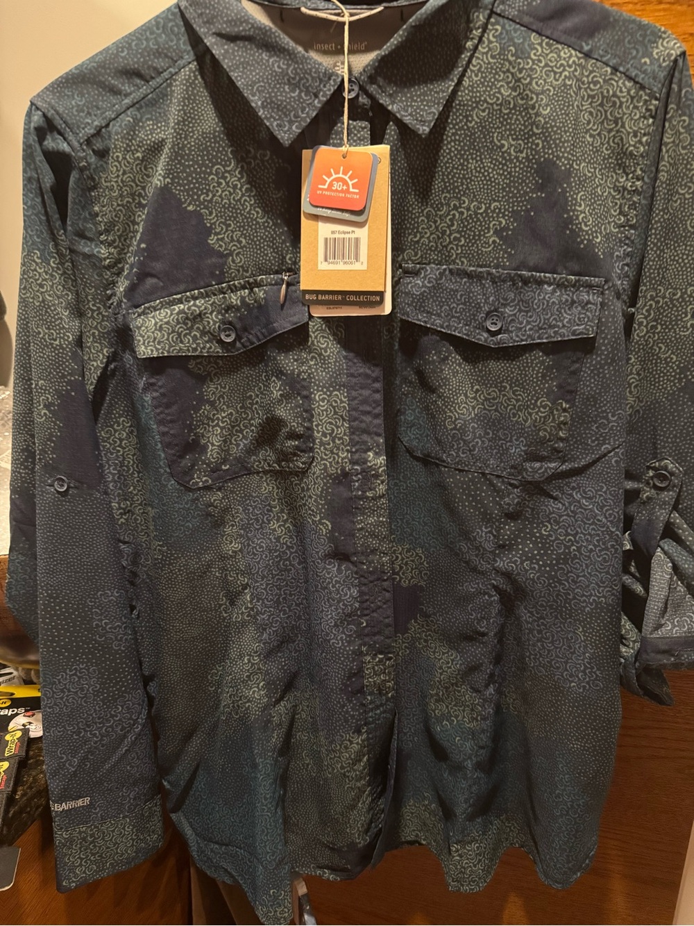 Women’s Royal Robbins Navy Patterned Long-Sleeve Button Shirt, Large